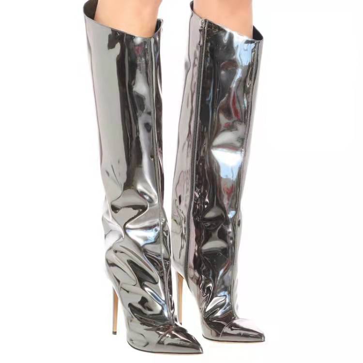 Women's New Autumn And Winter High-Heeled Pointed Toe Magic Patent Leather Knee Length Large Size Boots