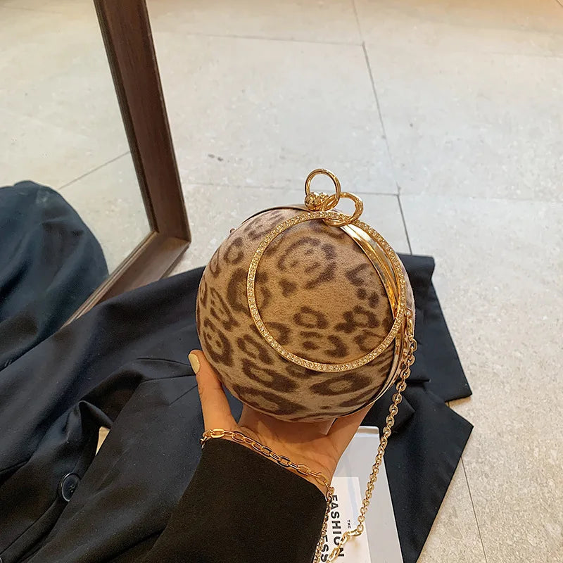 Women Leopard Print Round Evening Bag with Chain Clutch Bag Metal Ring Handle with Diamond Shoulder Bag Ladies Banquet Handbag