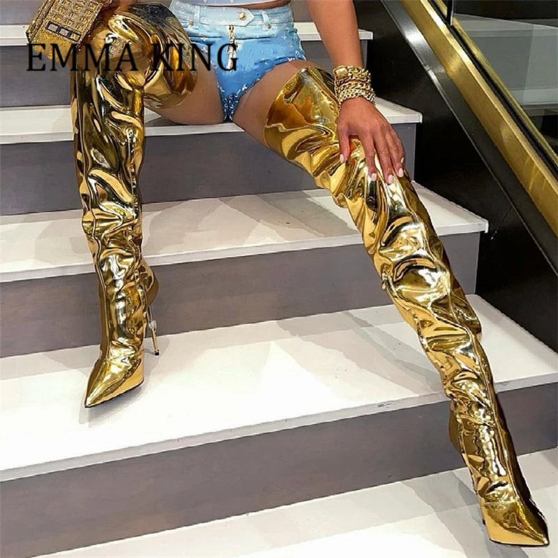 Women Golden Metallic Leather Boots Pointed Toe Thigh High Long Boots Ladies Side Zip Iron High Heels Female Shoes Plus Size 44