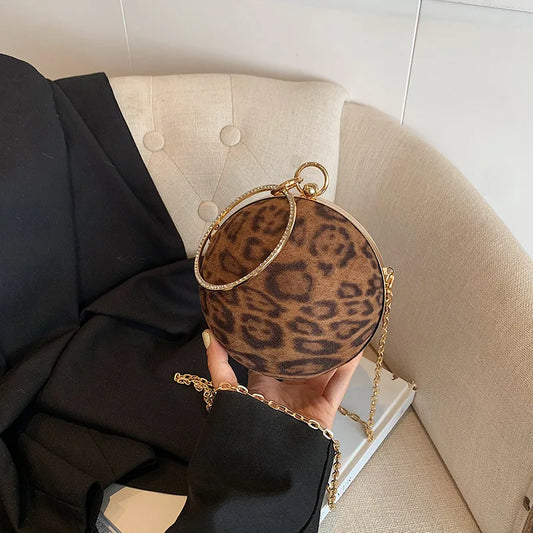 Women Leopard Print Round Evening Bag with Chain Clutch Bag Metal Ring Handle with Diamond Shoulder Bag Ladies Banquet Handbag