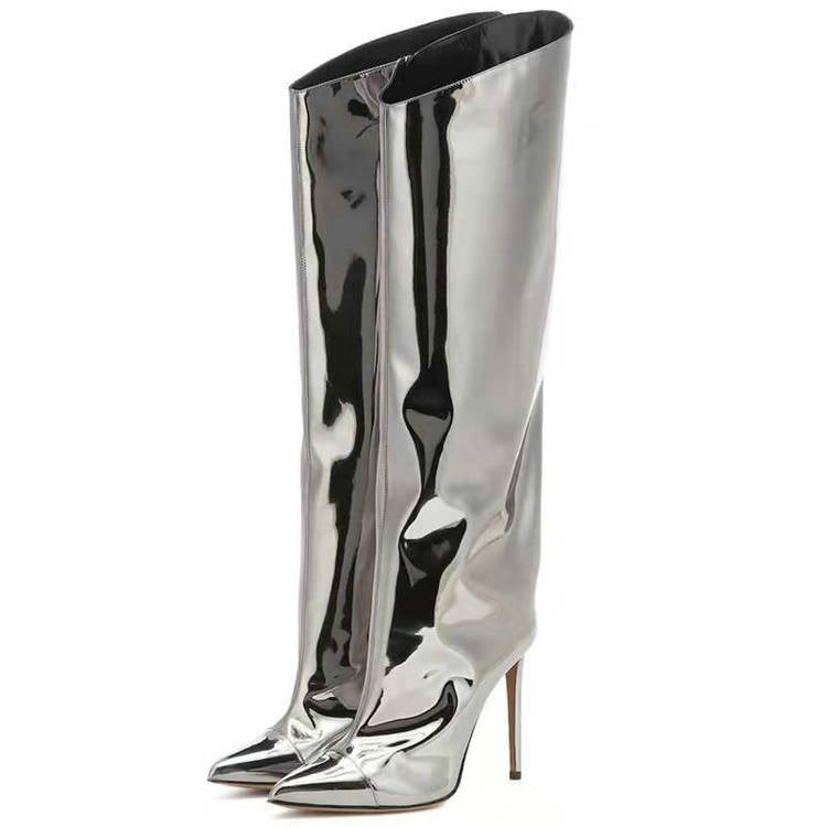 Women's New Autumn And Winter High-Heeled Pointed Toe Magic Patent Leather Knee Length Large Size Boots