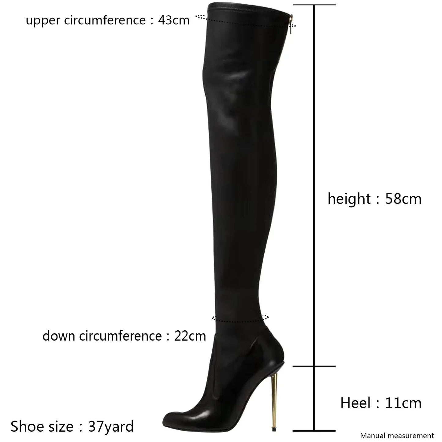 New Black Women's Boots Fashionable Solid Color Thin High Heel Metal Back Zipper Over Knee Boots for Women