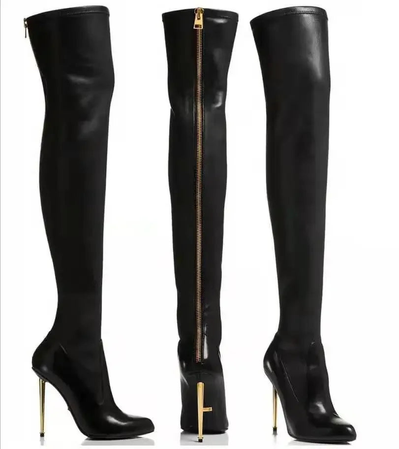 New Black Women's Boots Fashionable Solid Color Thin High Heel Metal Back Zipper Over Knee Boots for Women