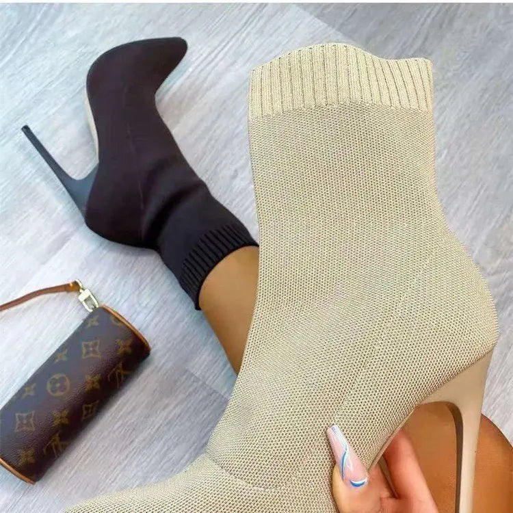 2024 Autumn Luxury Women Beige Sock Boots Exotic Dancer High Heels Stiletto Boots Winter Fashion Stretch Fabric Boots Plus Size