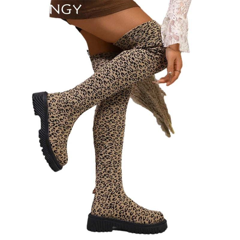 Leopard Women High Boots Flats Platform Over The Knee Shoes Trend New Sock Chelsea Boots Walking Desigenr Gladiator Mujer Botas