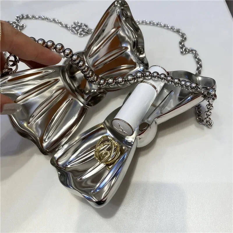 Fashion Female Mini Bag Cute Bow Bag 2024 New Silver Headphone Lipstick Bag Kawaii Evening Clutch Metal Handbags Girls Gift