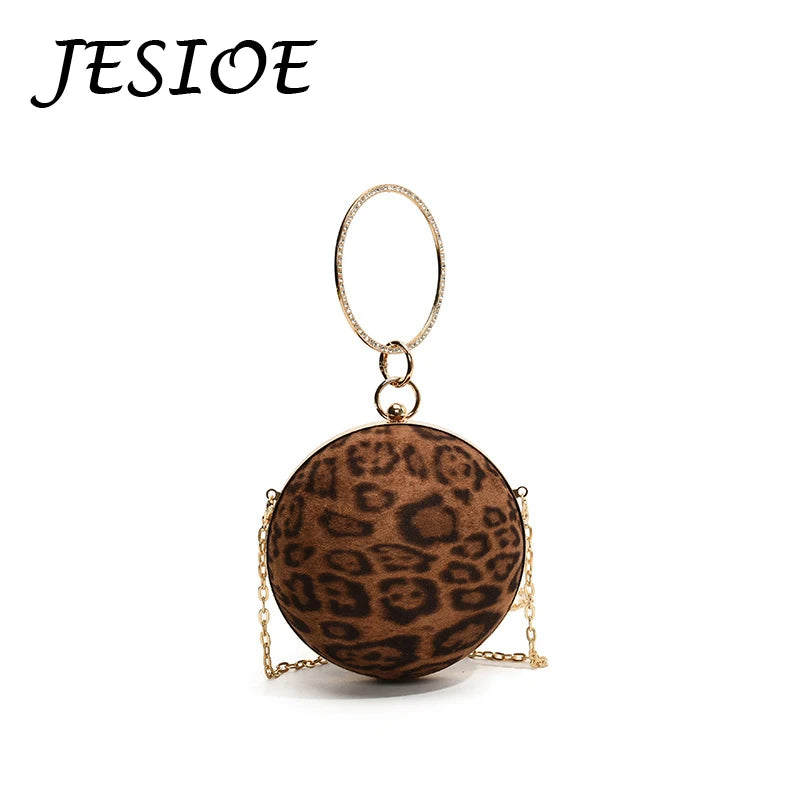 Women Leopard Print Round Evening Bag with Chain Clutch Bag Metal Ring Handle with Diamond Shoulder Bag Ladies Banquet Handbag