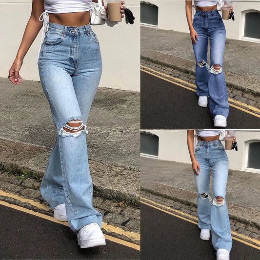 2023 New High Waist Ripped Boot Cut Jeans For Women Fashion Stretch Knee Ripped Denim Flared Pants Casual Female Trousers S-2XL