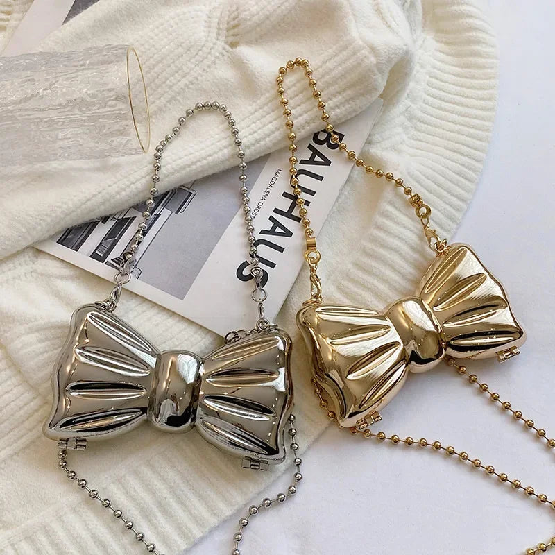 Fashion Female Mini Bag Cute Bow Bag 2024 New Silver Headphone Lipstick Bag Kawaii Evening Clutch Metal Handbags Girls Gift