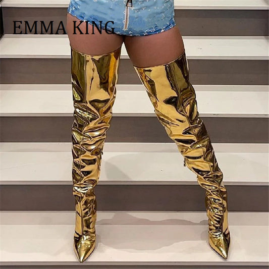 Women Golden Metallic Leather Boots Pointed Toe Thigh High Long Boots Ladies Side Zip Iron High Heels Female Shoes Plus Size 44