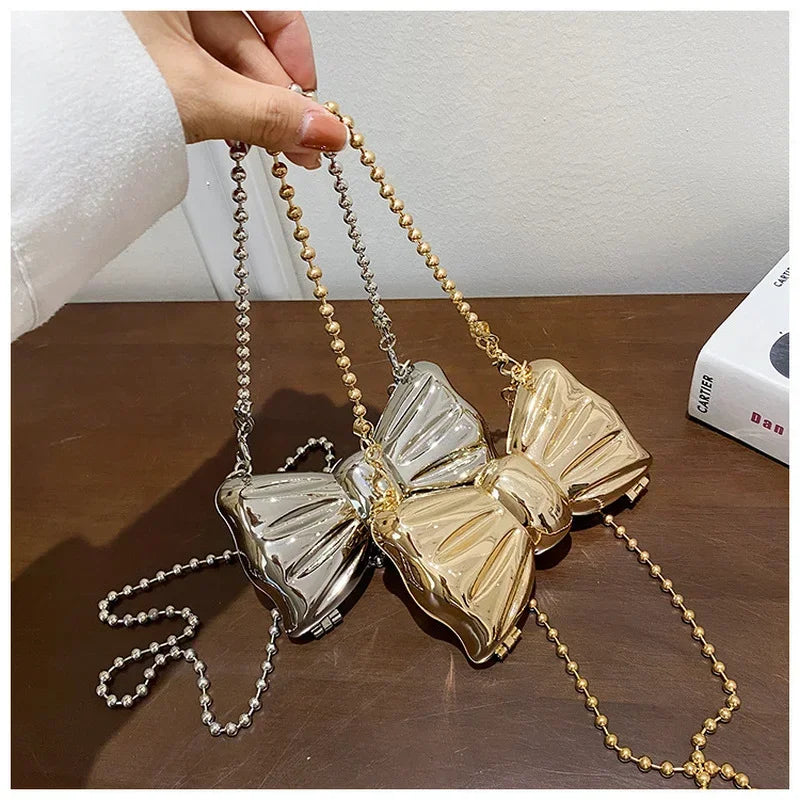 Fashion Female Mini Bag Cute Bow Bag 2024 New Silver Headphone Lipstick Bag Kawaii Evening Clutch Metal Handbags Girls Gift