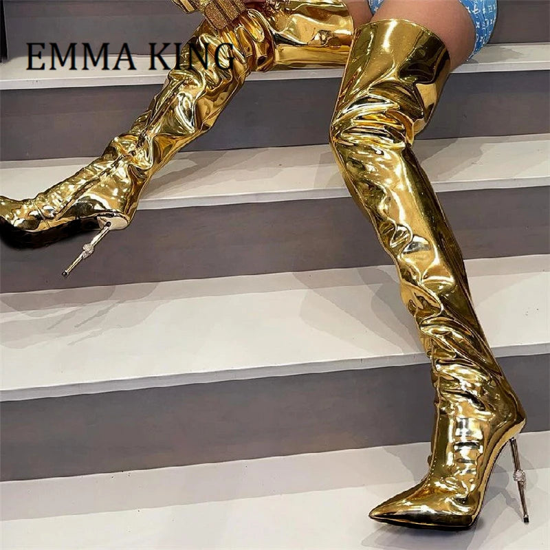 Women Golden Metallic Leather Boots Pointed Toe Thigh High Long Boots Ladies Side Zip Iron High Heels Female Shoes Plus Size 44