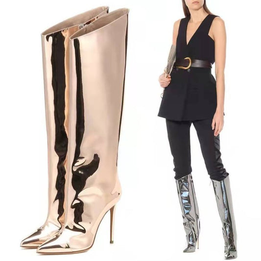 Women's New Autumn And Winter High-Heeled Pointed Toe Magic Patent Leather Knee Length Large Size Boots