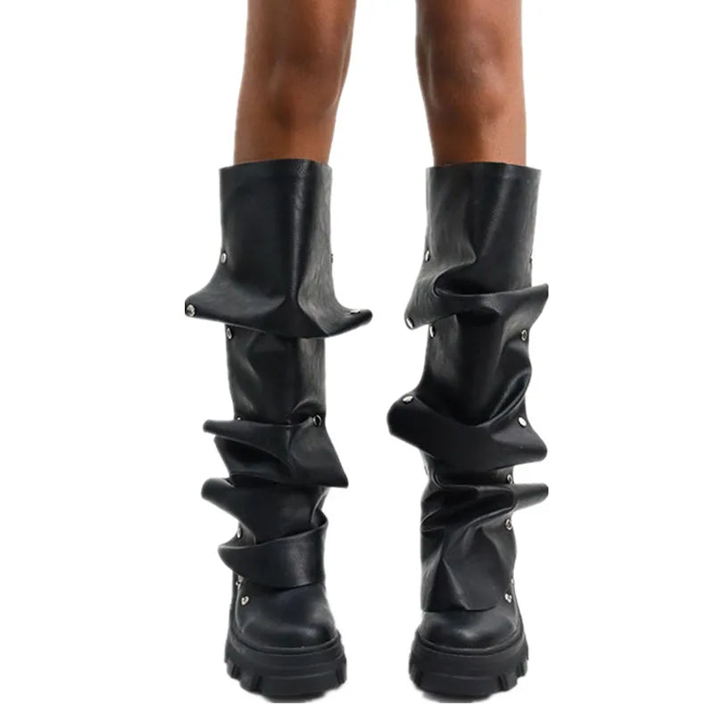 Women Europe America Knee High Boots for Woman's Round Toe Thick Bottom Square Heel Botas Mujer 2024 Rivet Punk Platform Shoes