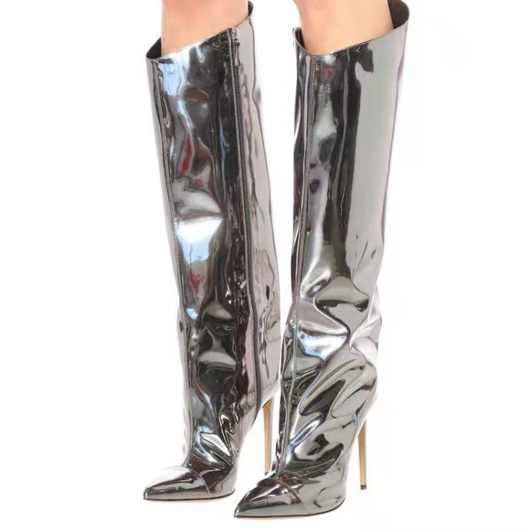 Women's New Autumn And Winter High-Heeled Pointed Toe Magic Patent Leather Knee Length Large Size Boots