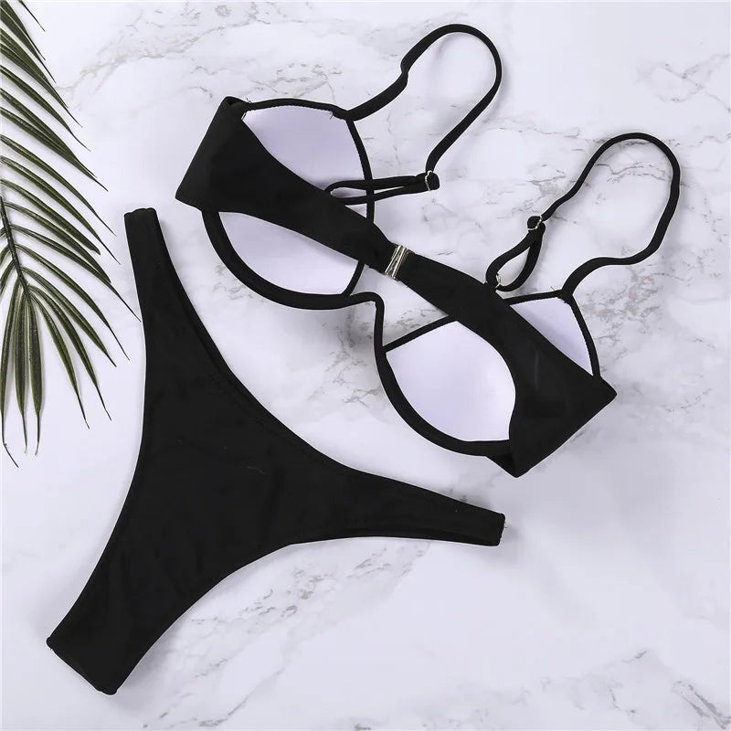 New Sexy Women'S Push Up Bikini Sets Solid Black White Low-Cut Beach