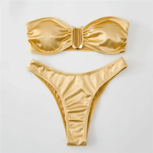 Sexy U Shaped Bandeau Bikinis Set Mujer Strapless Swimwear Women Gold