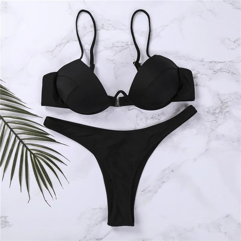 New Sexy Women'S Push Up Bikini Sets Solid Black White Low-Cut Beach