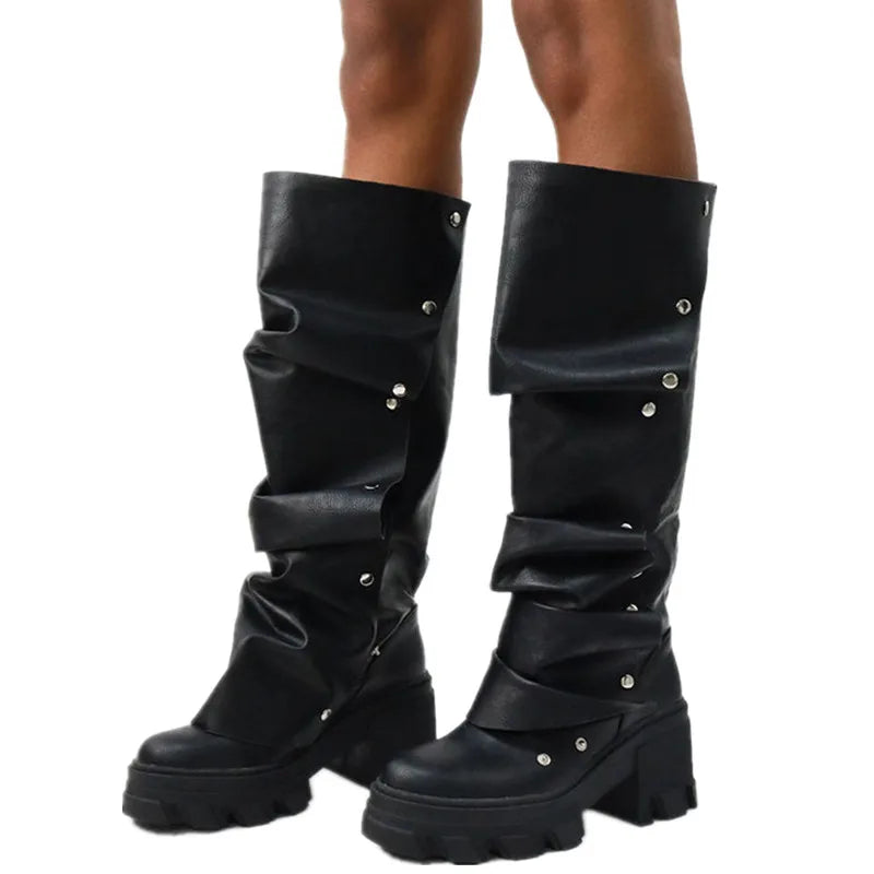 Women Europe America Knee High Boots for Woman's Round Toe Thick Bottom Square Heel Botas Mujer 2024 Rivet Punk Platform Shoes