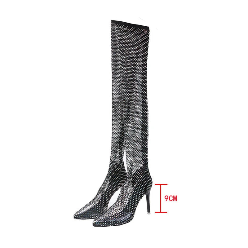 Bling Bling Rhinestone Mesh Pointed Toe Ankle And Over-The-Knee Boots Women Stiletto High Heels Female Mesh Shoes Sandals