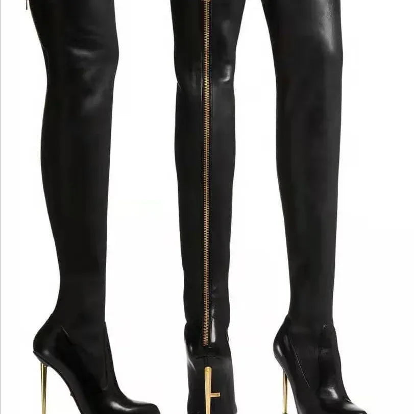 New Black Women's Boots Fashionable Solid Color Thin High Heel Metal Back Zipper Over Knee Boots for Women