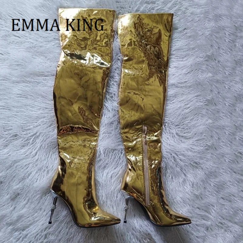 Women Golden Metallic Leather Boots Pointed Toe Thigh High Long Boots Ladies Side Zip Iron High Heels Female Shoes Plus Size 44