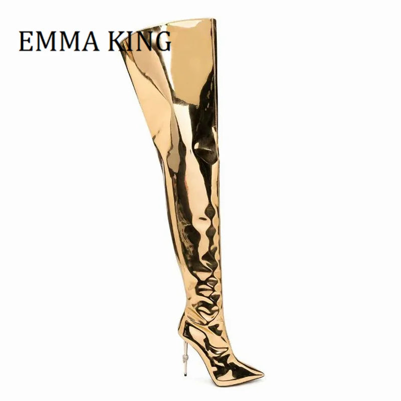 Women Golden Metallic Leather Boots Pointed Toe Thigh High Long Boots Ladies Side Zip Iron High Heels Female Shoes Plus Size 44