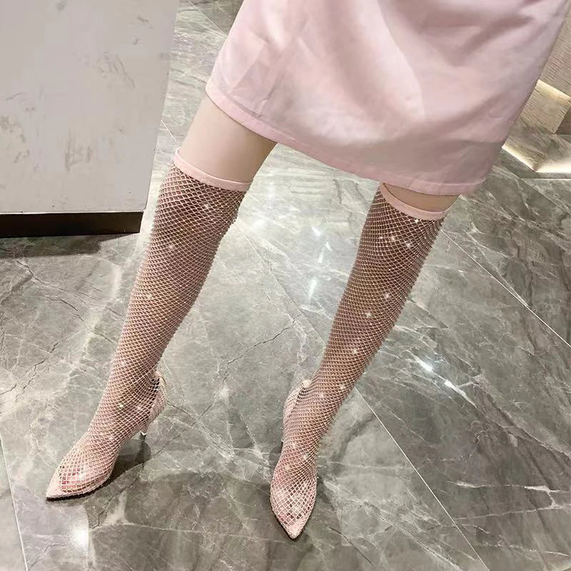 Bling Bling Rhinestone Mesh Pointed Toe Ankle And Over-The-Knee Boots Women Stiletto High Heels Female Mesh Shoes Sandals